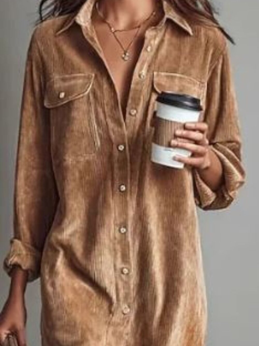 Modesees Corduroy Light Brown Button-Up Long Sleeved Dress